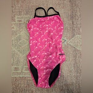 Dolfin breast cancer ribbon print Racerback one piece swim suit sz 30
